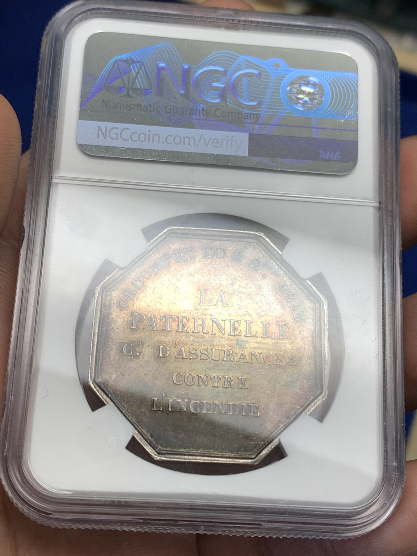 《竞宝斋》第179场-周日，周一2场 (全场包邮) NGC MS62 法国八角银质代币，1843年天父保险公司，飞天的宙斯，少见蜜蜂边铭