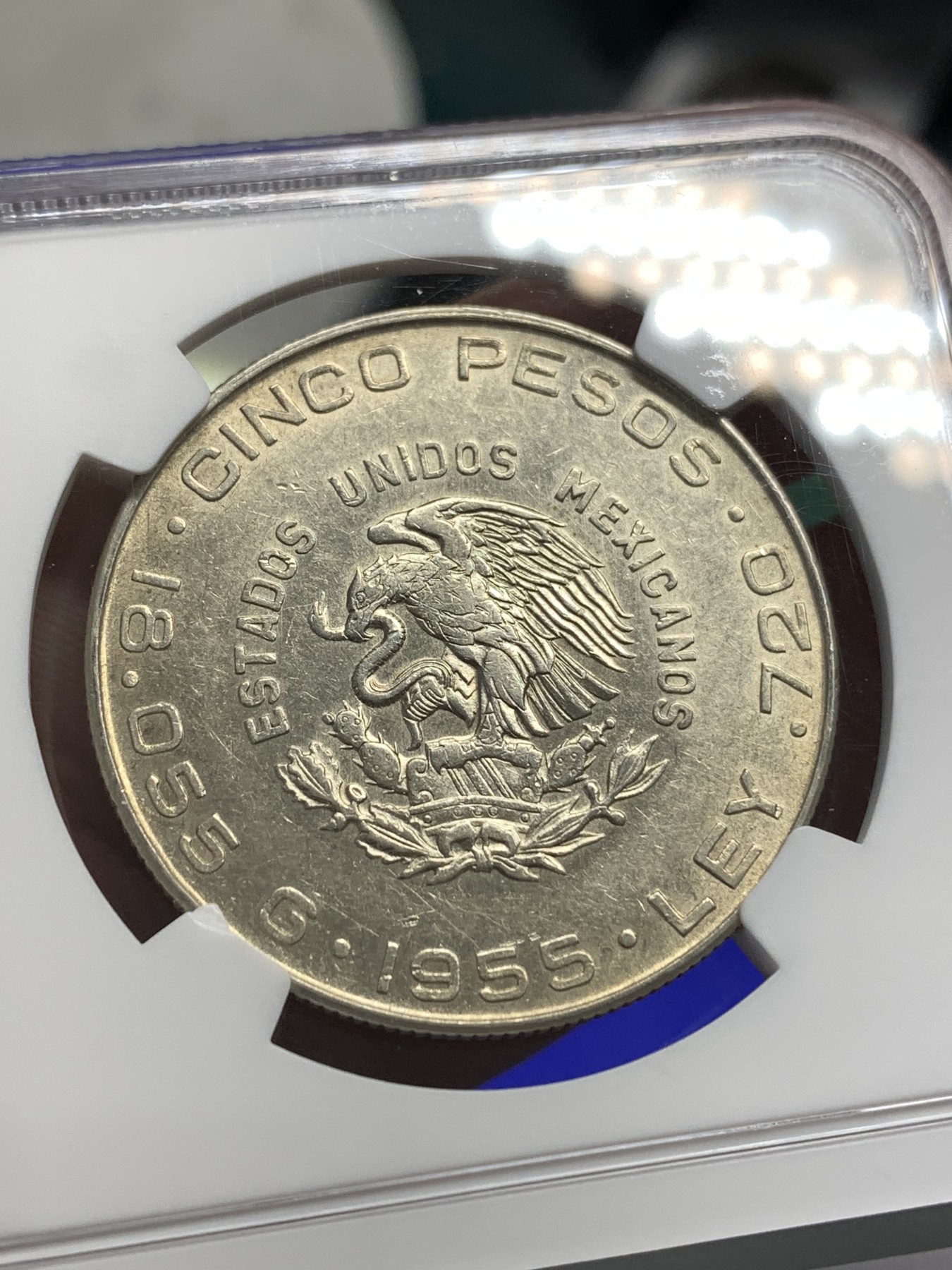 《竞宝斋》第179场-周日，周一2场 (全场包邮) NGC AU53 墨西哥 1955年 老人头 5比索 银币