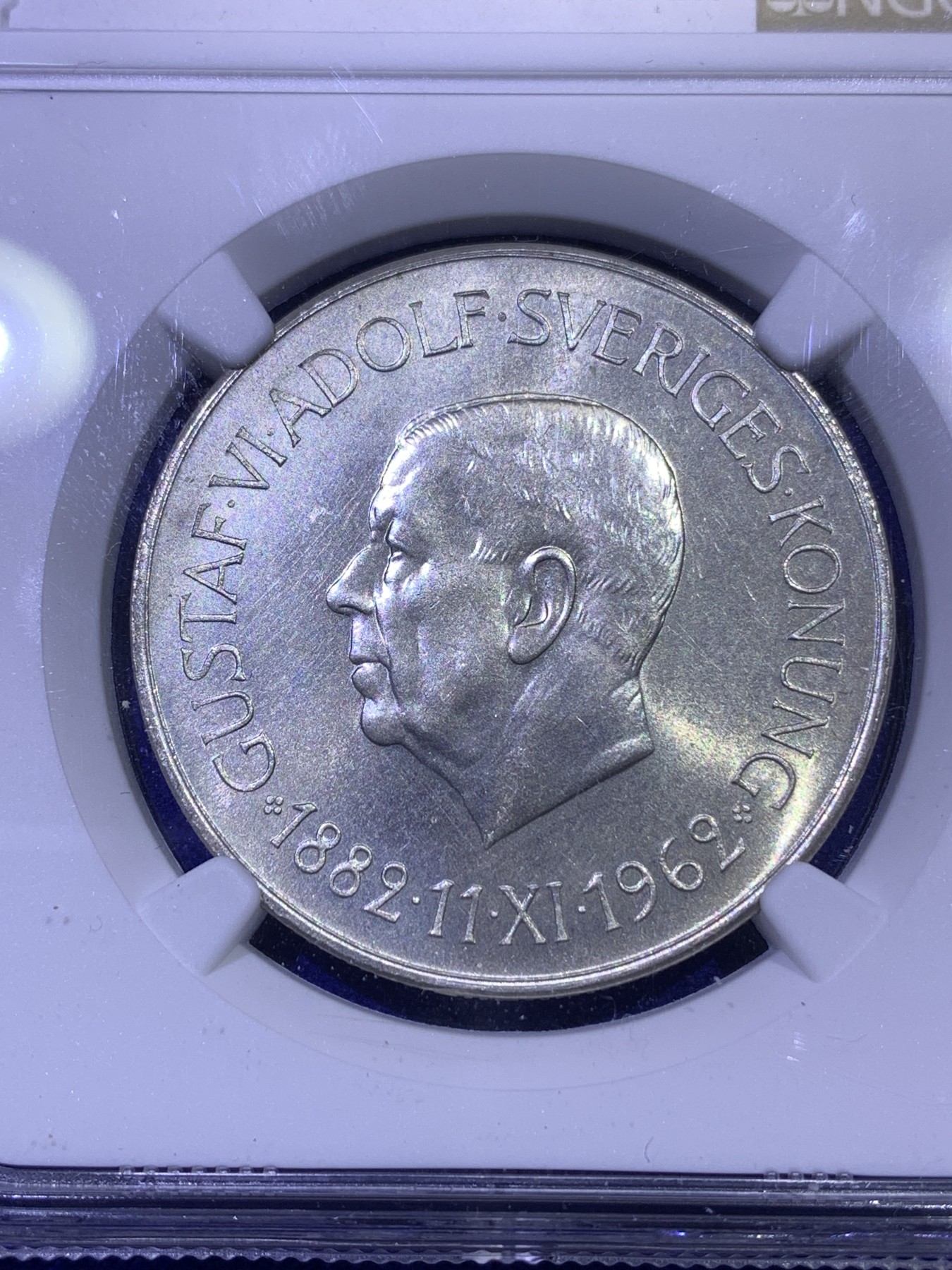 《竞宝斋》第179场-周日，周一2场 (全场包邮) NGC MS61 1962年瑞典国王古斯塔夫六世80岁生日5克朗银币