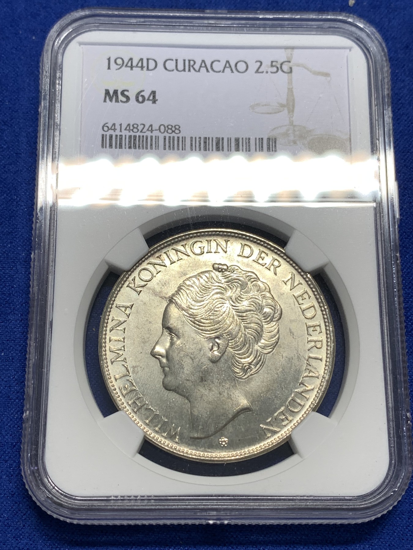 《竞宝斋》第179场-周日，周一2场 (全场包邮) NGC-MS64 荷属库拉索1944年 威廉米娜女王 2.5盾大银币