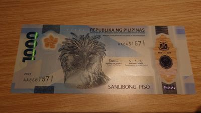 【世界钱币】精选微拍第64期暨2023年第十一期 裸钞专场（有最新展会卖剩品种） 2022年菲律宾1000比索 首发AA冠无4尾号571