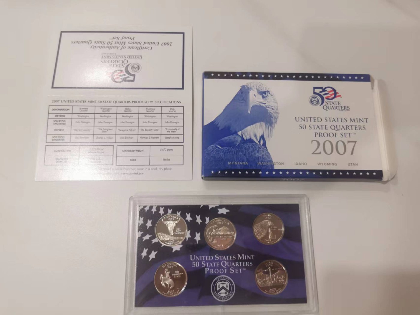 247.【鲸贝乐淘★两拍包邮】三字经·第“三才者，天地人”号拍卖 【美国25美分精制州币56枚大全套★2007年5枚】全新全品UNC，原盒原装原卡原封