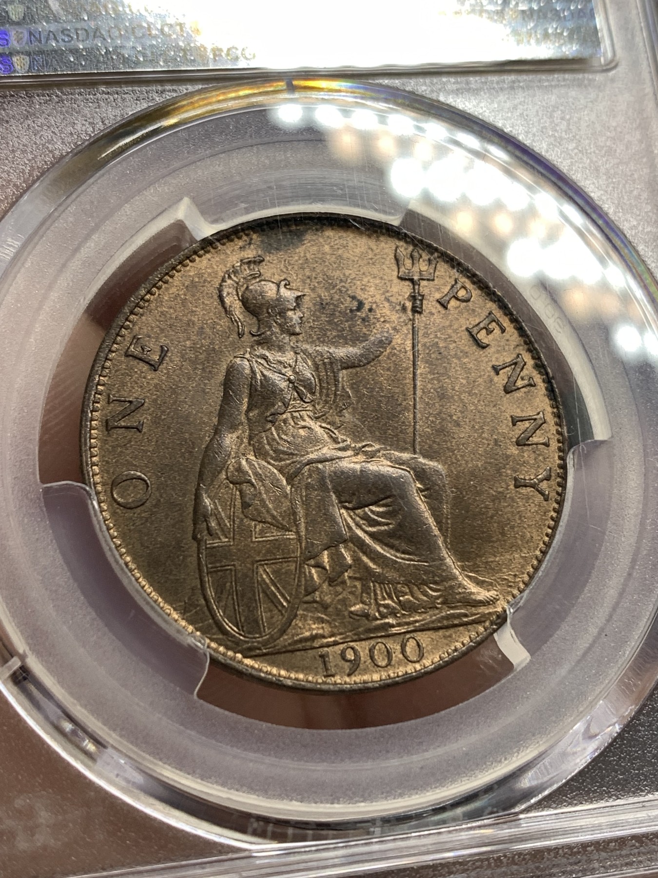 《竞宝斋》第179场-周日，周一2场 (全场包邮) PCGS MS63 RB 英国 1900 维多利亚 披纱版 1便士大铜币
