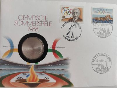 邮币封第四场 1988年瑞士奥运会和平鸽5瑞士法郎纪念镍币邮币封