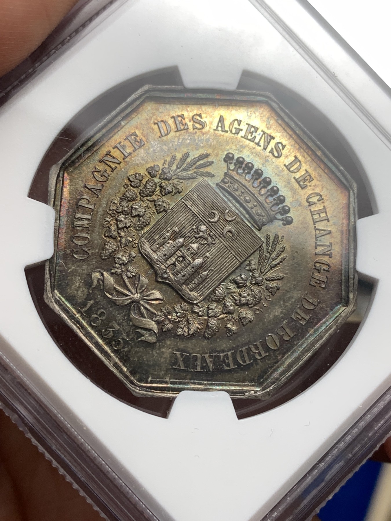 《竞宝斋》第179场-周日，周一2场 (全场包邮) NGC MS64 法国八角银质代币，波尔多股票经济公司，金黄包浆，状态极佳