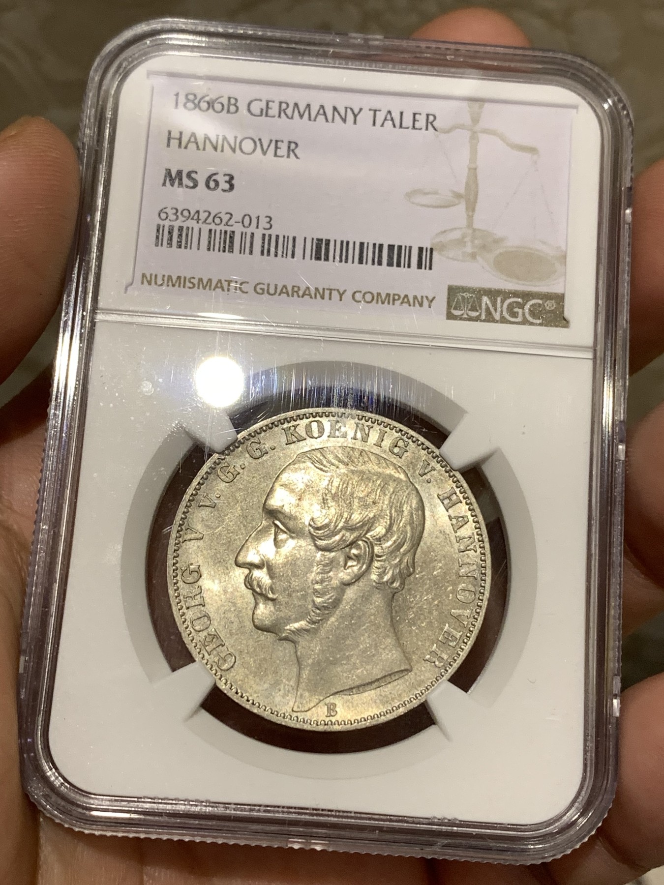 《竞宝斋》第179场-周日，周一2场 (全场包邮) NGCMS63 德国1866年汉诺威 双师泰勒银币 高分细节好