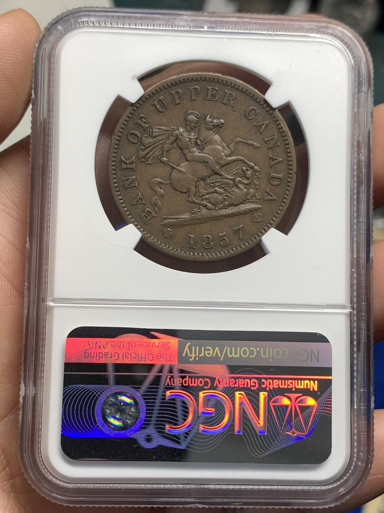 《竞宝斋》第179场-周日，周一2场 (全场包邮) NGC AU53BN 加拿大 1857年 马剑1便士大铜币 少见大规格代币