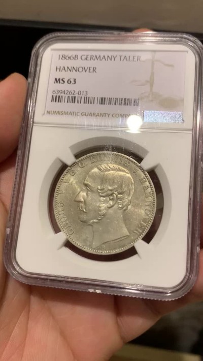 《竞宝斋》第179场-周日，周一2场 (全场包邮) NGCMS63 德国1866年汉诺威 双师泰勒银币 高分细节好