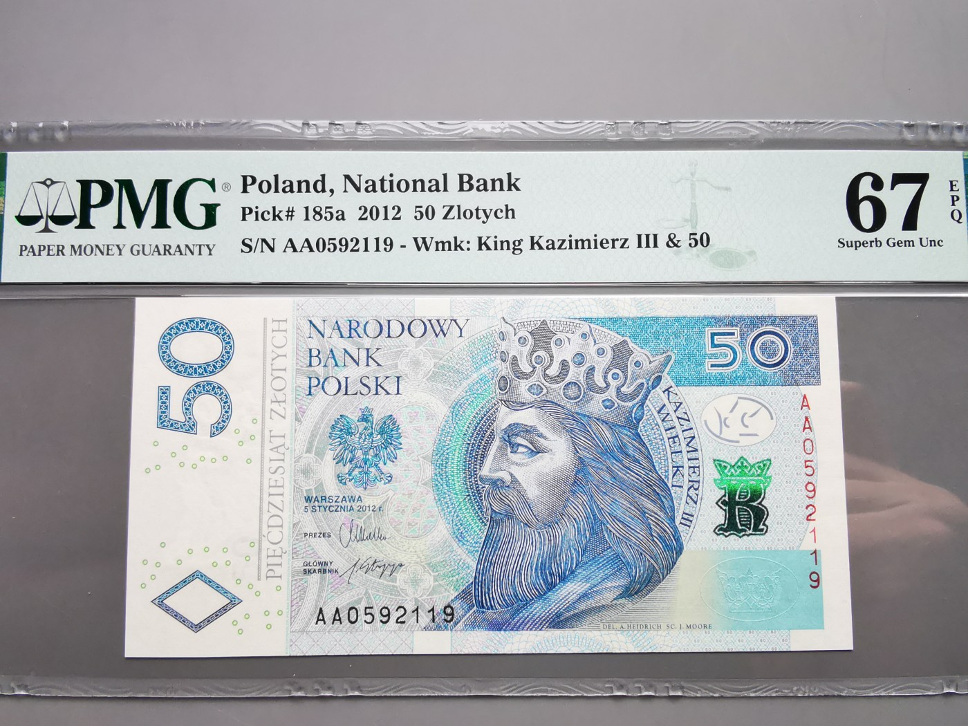 《崇甫堂》-PMG评级波兰纸钞VII PMG-67 首发AA冠《国王与纹章系列》50兹罗提 P#185a