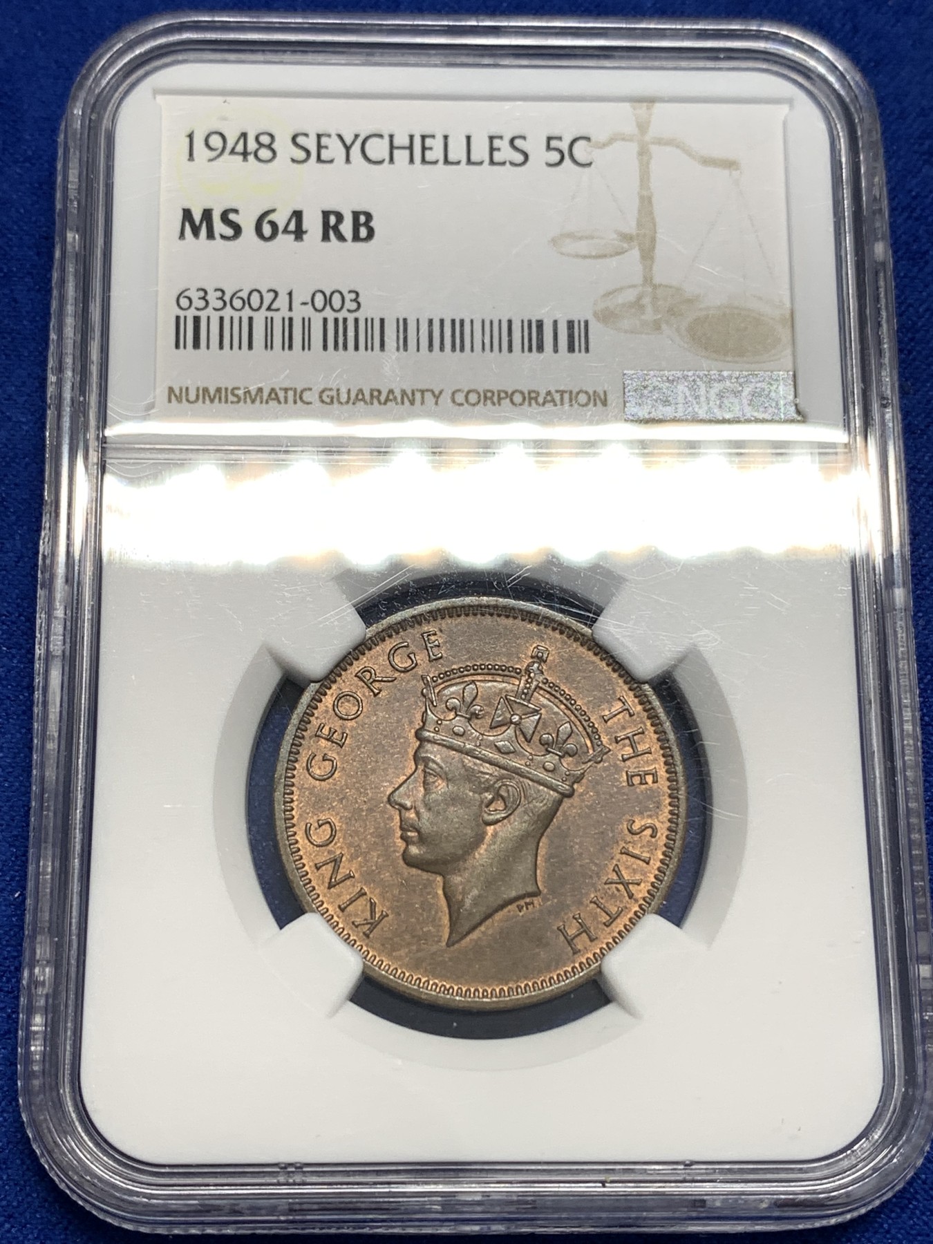 《竞宝斋》第179场-周日，周一2场 (全场包邮) NGC MS64RB 1948 英属塞舌尔乔治六世5分 铜币 仅发行一年