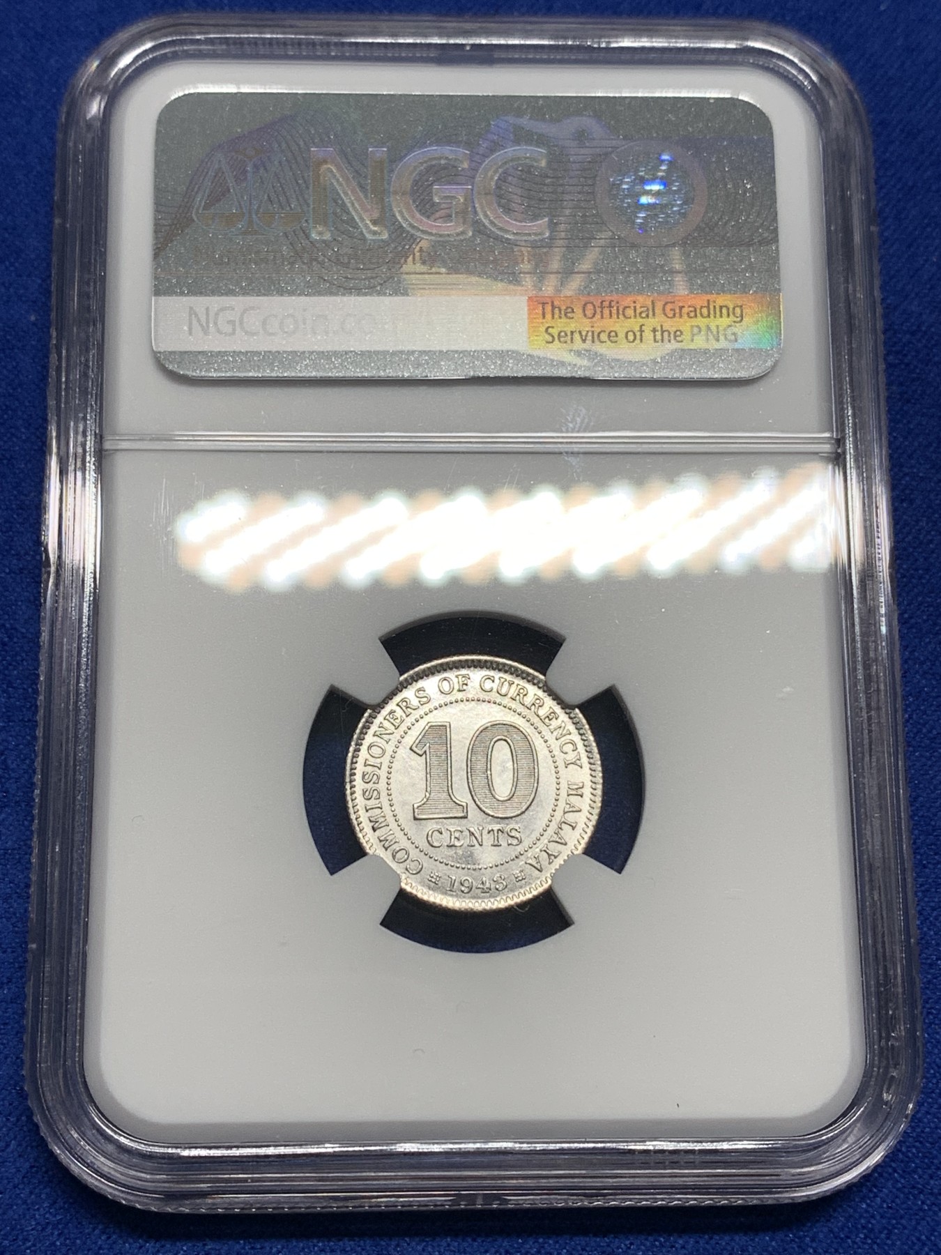 《竞宝斋》第179场-周日，周一2场 (全场包邮) NGC MS64+ 英属 马来亚 1943年乔六 10分银币 高分状态好