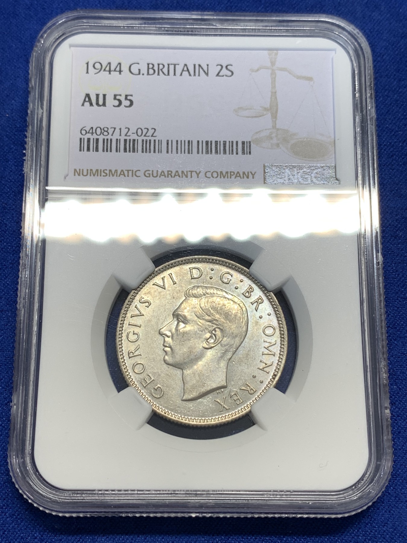 《竞宝斋》第179场-周日，周一2场 (全场包邮) NGC-AU55 英国1944年 乔六2先令银币 原光好品