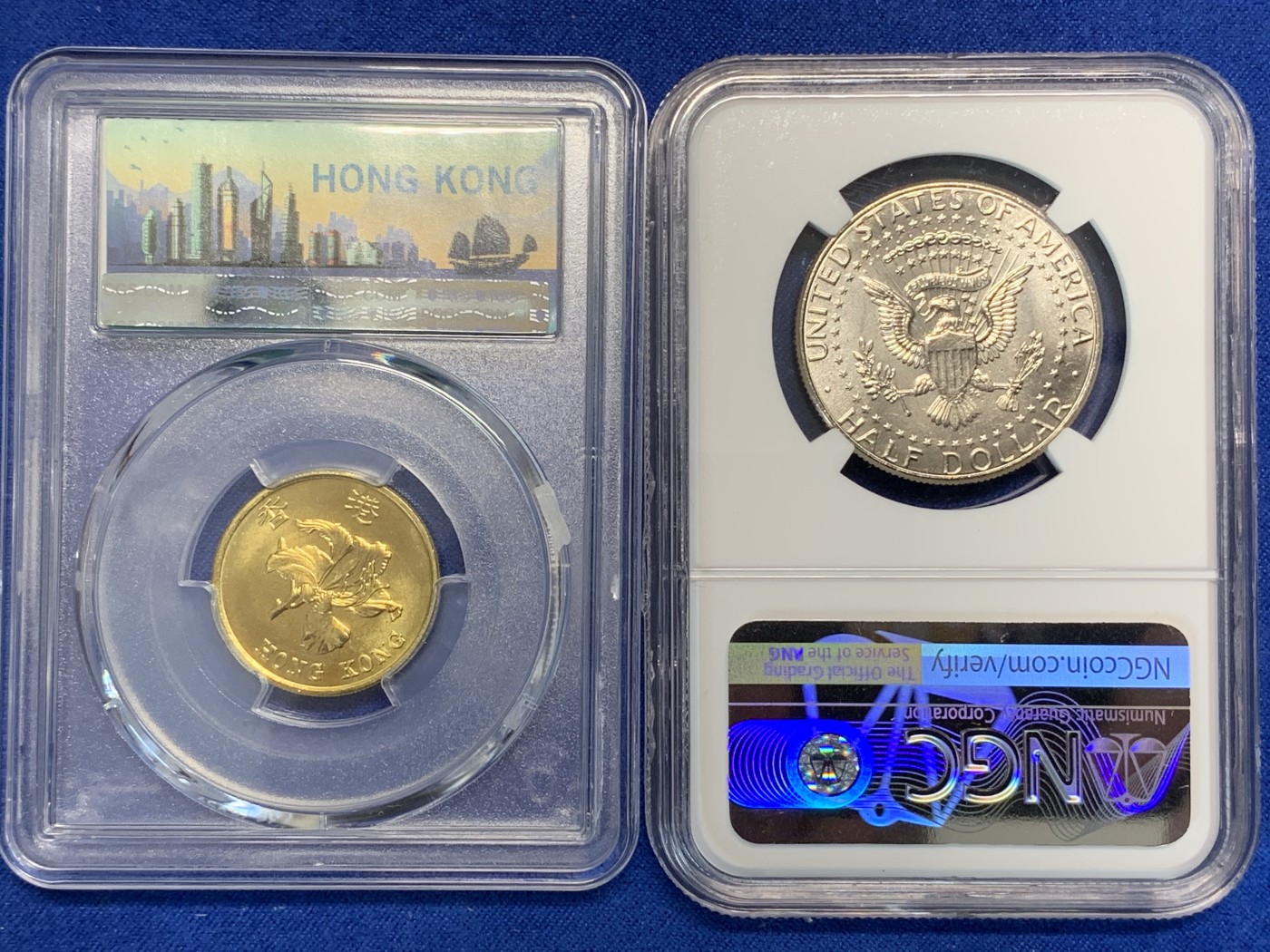 《竞宝斋》第179场-周日，周一2场 (全场包邮) HKINF香港国际钱币展纪念品一对，PCGS港币50分，NGC美元50分