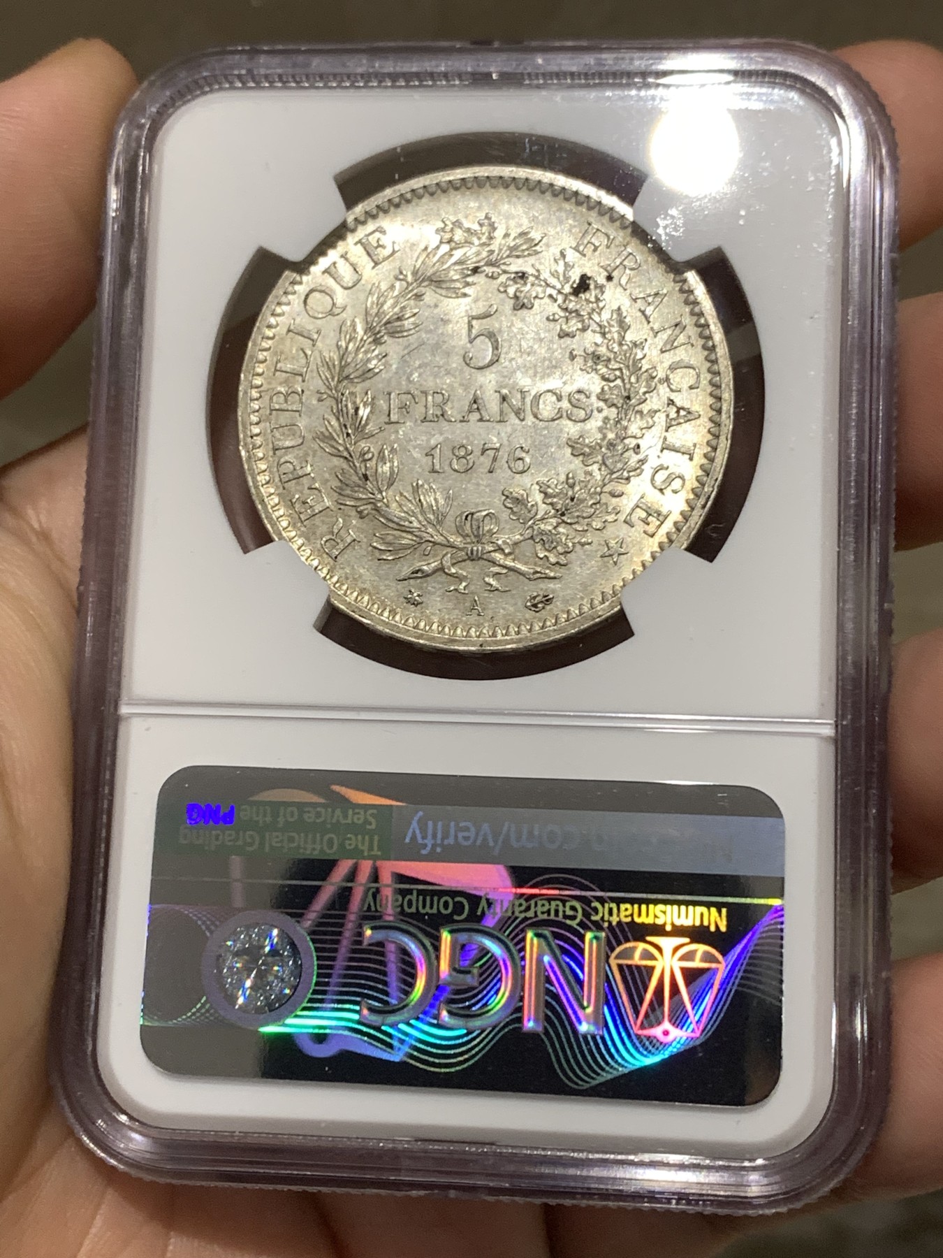 《竞宝斋》第179场-周日，周一2场 (全场包邮) NGC MS62 法国 1876年 大力神 5法郎银币 稀少年份 MS非常难得