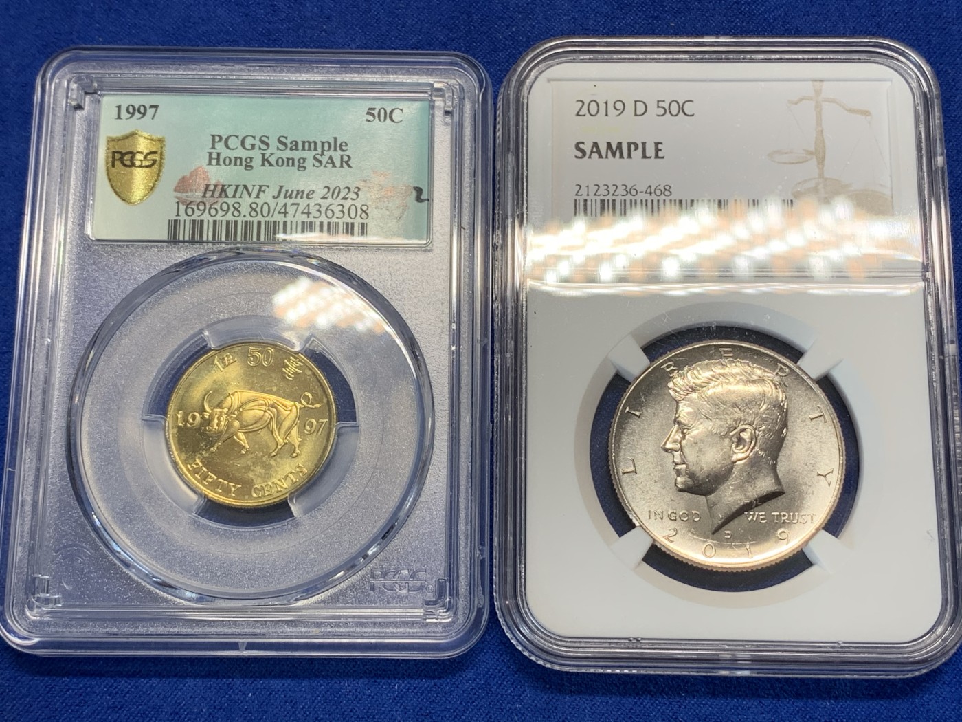 《竞宝斋》第179场-周日，周一2场 (全场包邮) HKINF香港国际钱币展纪念品一对，PCGS港币50分，NGC美元50分