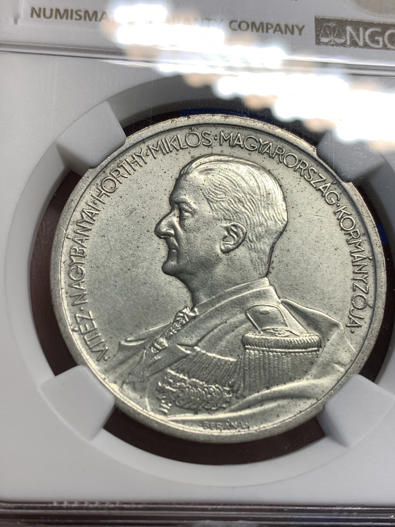 《竞宝斋》第179场-周日，周一2场 (全场包邮) NGC-AU 1939A匈牙利海军上将霍尔蒂5潘果银币，上涨品种