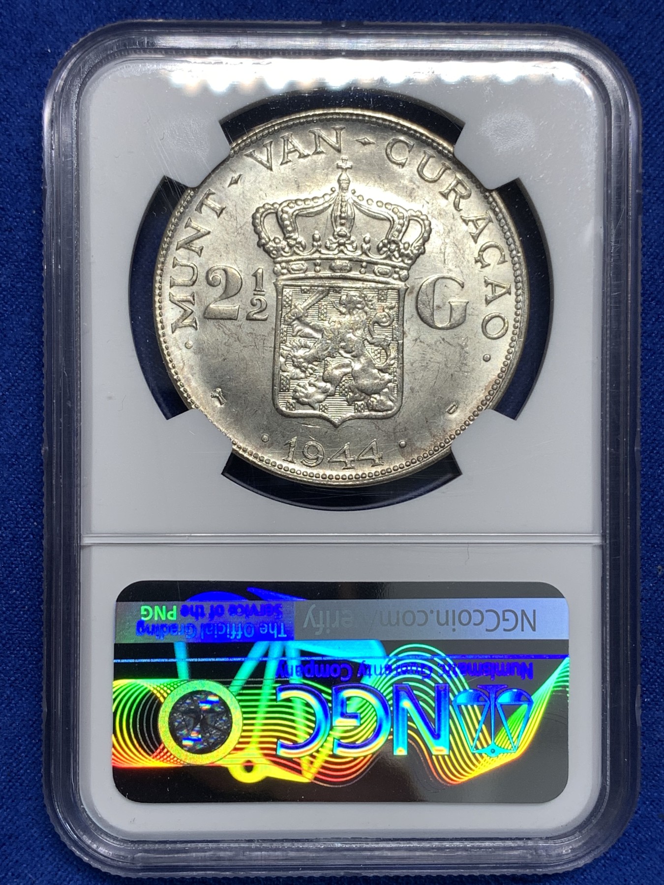 《竞宝斋》第179场-周日，周一2场 (全场包邮) NGC-MS64 荷属库拉索1944年 威廉米娜女王 2.5盾大银币