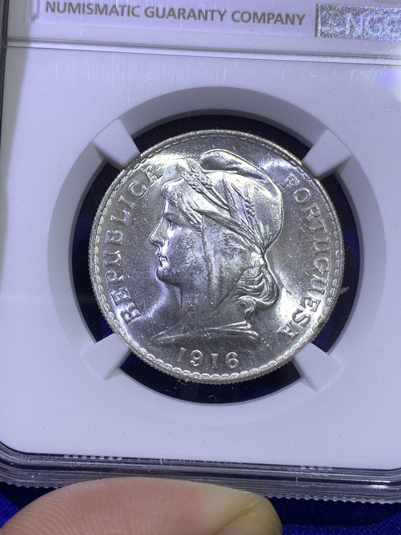 《竞宝斋》第179场-周日，周一2场 (全场包邮) NGC-MS62 葡萄牙1916年 女神头像 半圆银币 顶级原光好品