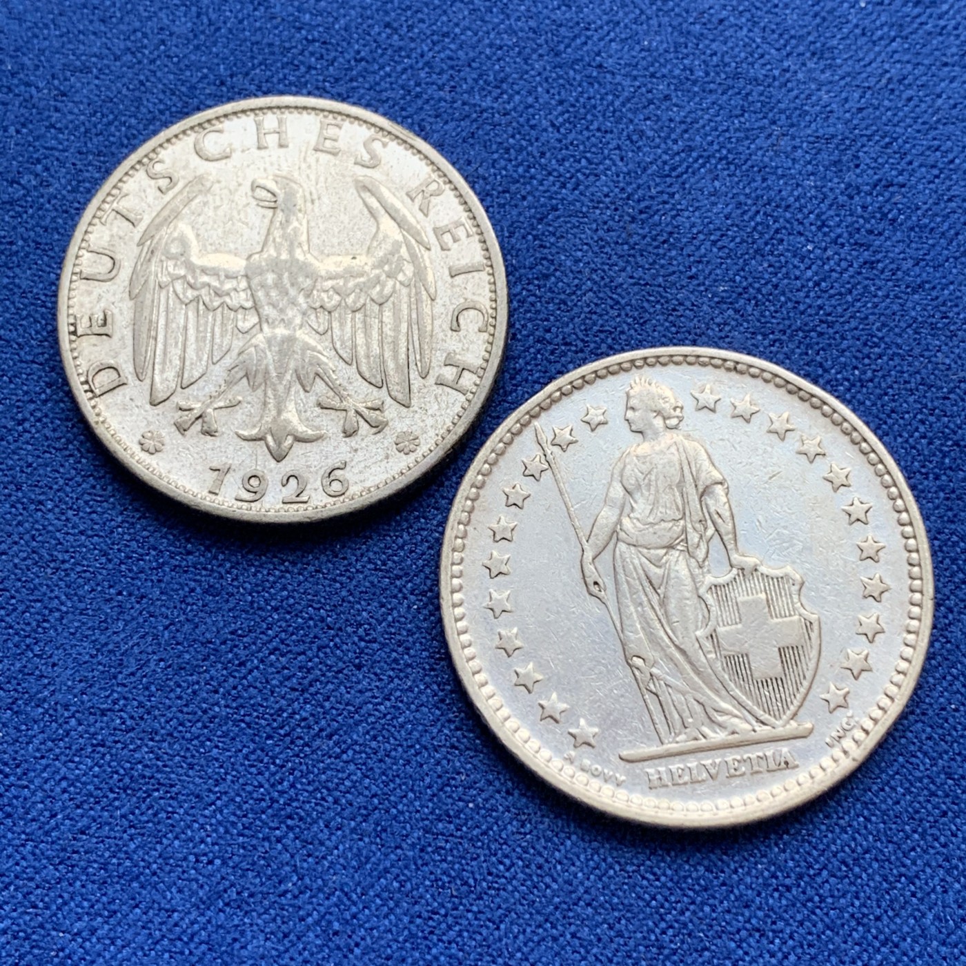 《竞宝斋》第179场-周日，周一2场 (全场包邮) 2枚银币一组瑞士1921年雪山女神2法郎+德国1926年2马克银币（鹰版少见）