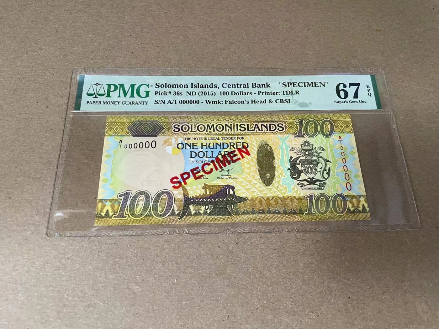 【Blue Auction】✨世界纸币精拍第341期——周日畅拍场 【样钞】所罗门群岛 2015年100元 PMG67EPQ  