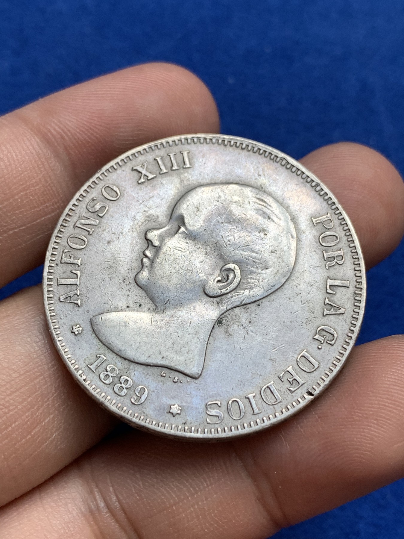 《竞宝斋》第179场-周日，周一2场 (全场包邮) 1889 西班牙 阿方索十三世5比塞塔银币 侯爵铸造 国王批准 塞尔维亚造 含银量不低于90% 老假双柱！重量24克多