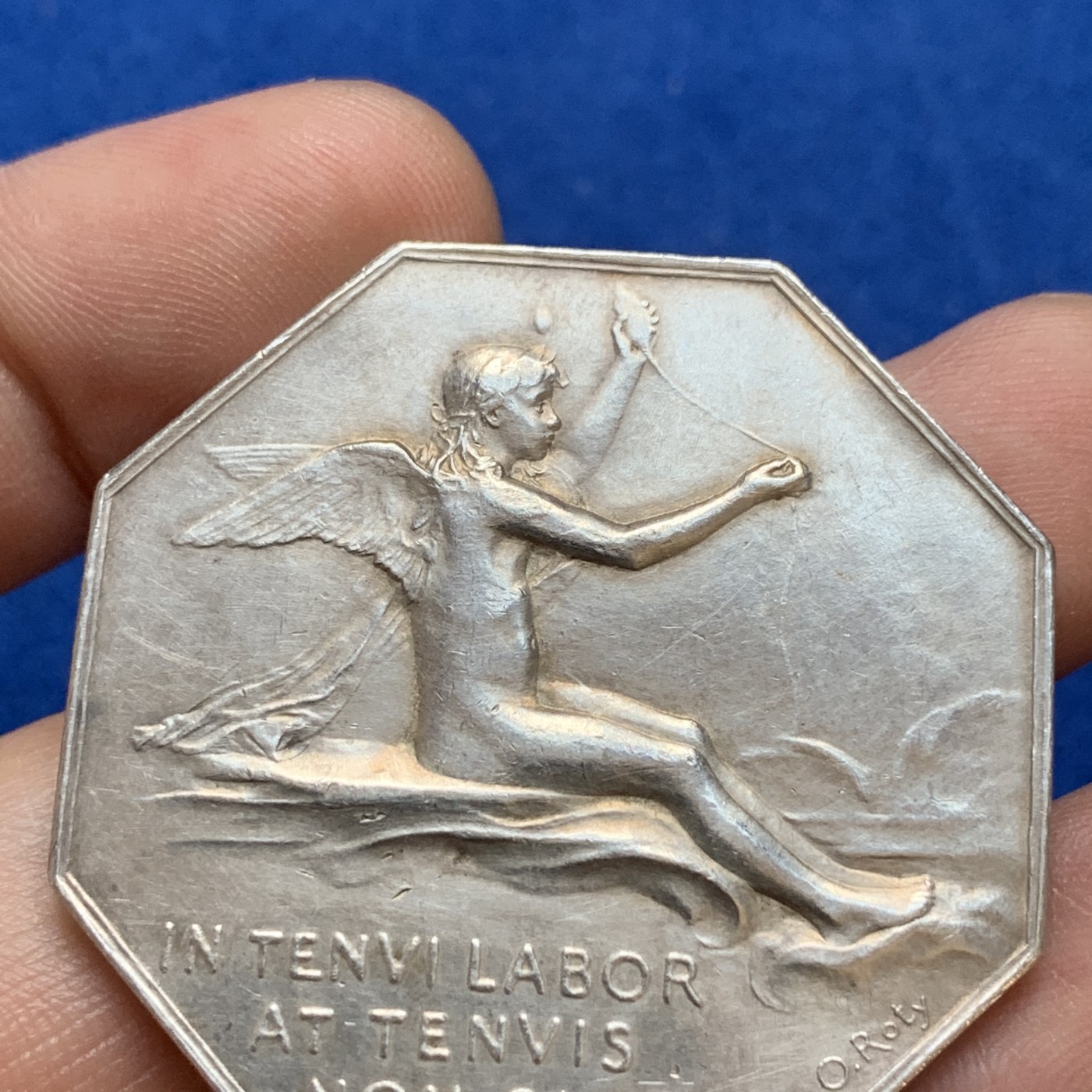 《竞宝斋》第179场-周日，周一2场 (全场包邮) 法国八角银质代币 里昂商会 35.4g，41.6mm，丰饶角边铭，大块头，名家罗蒂作品 天使精美