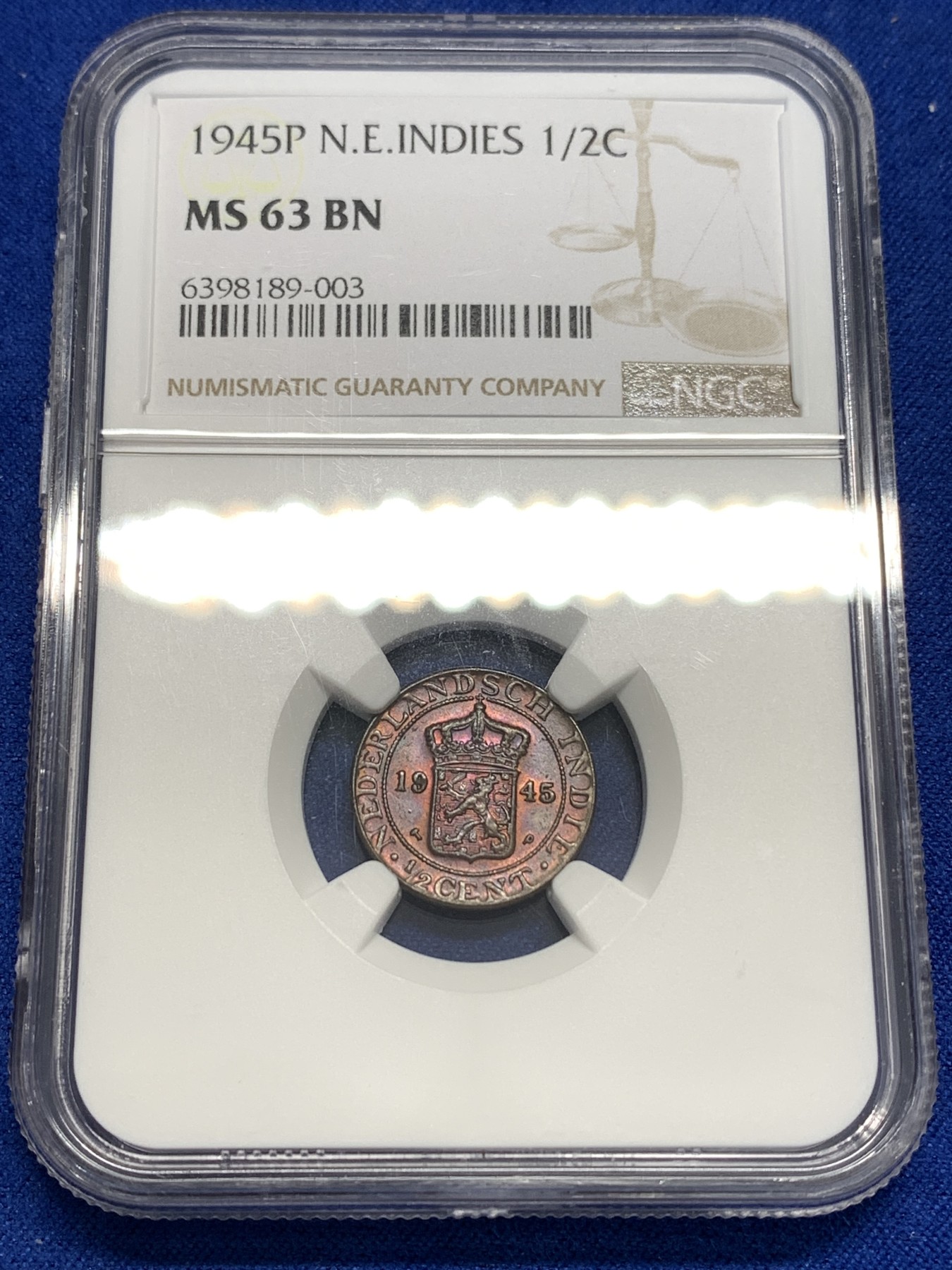 《竞宝斋》第179场-周日，周一2场 (全场包邮) NGC-MS63BN 荷属东印度 1945年半分铜币 酒红色醇厚包浆 背面书法设计优秀