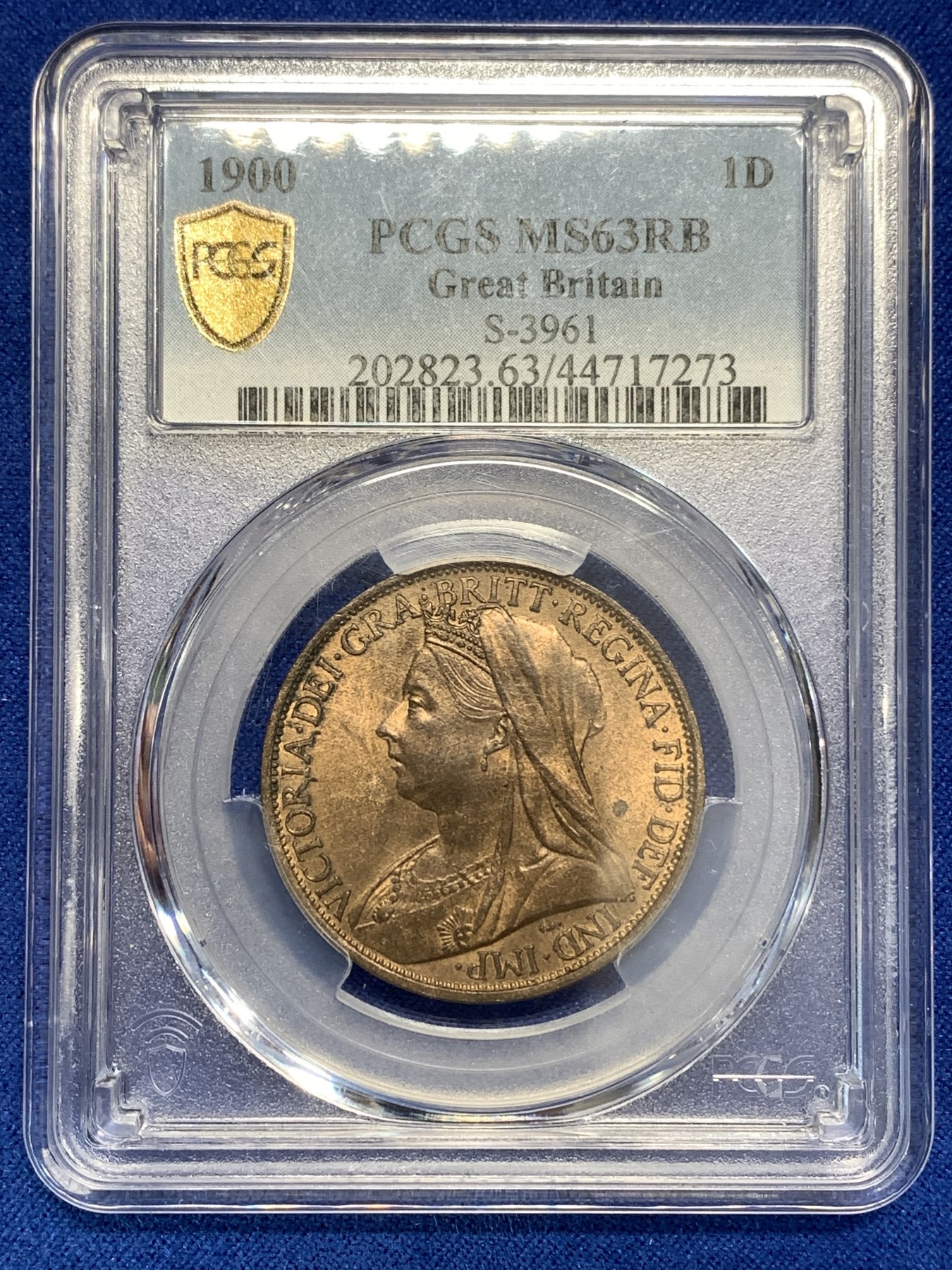 《竞宝斋》第179场-周日，周一2场 (全场包邮) PCGS MS63 RB 英国 1900 维多利亚 披纱版 1便士大铜币