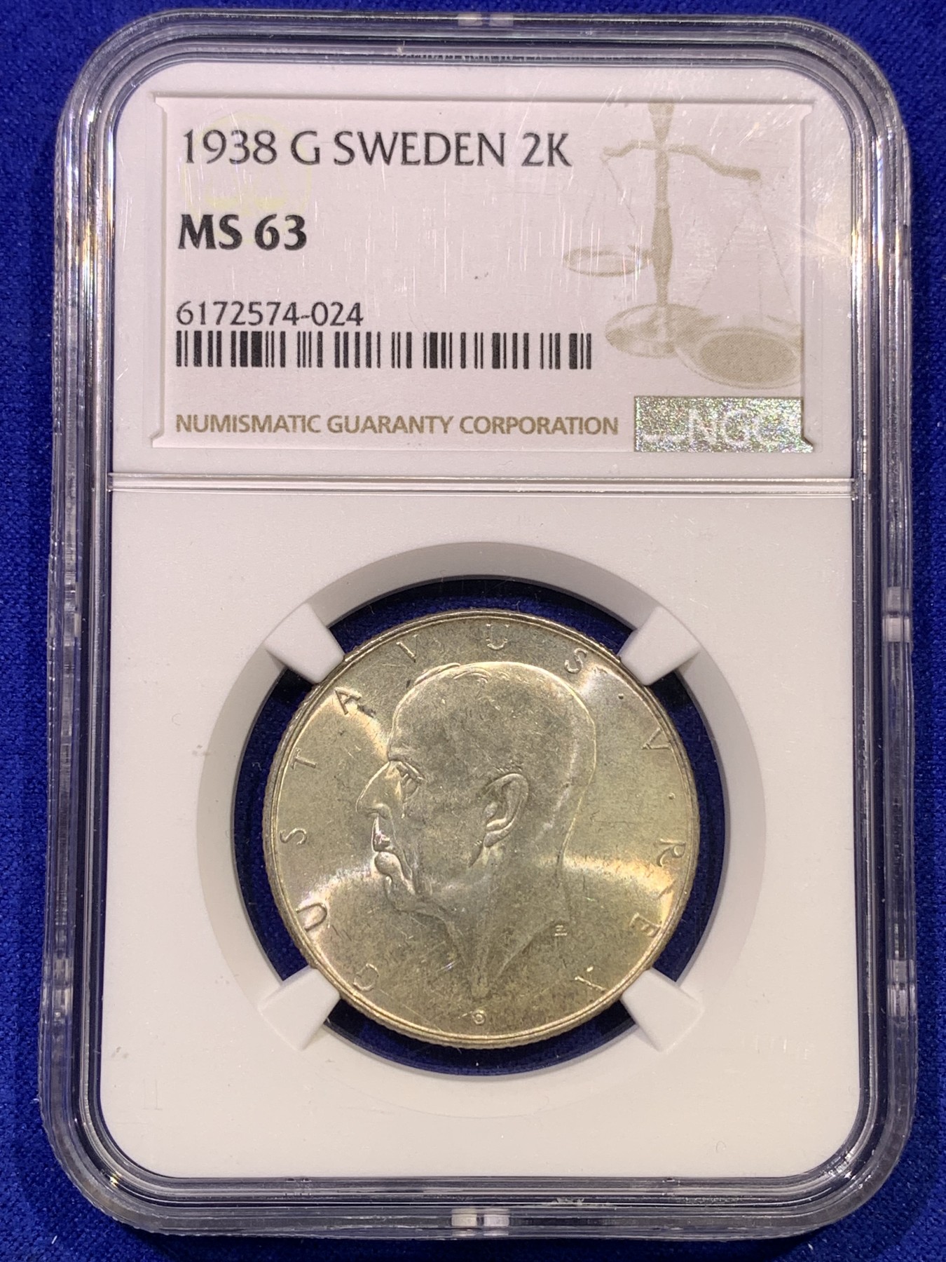 《竞宝斋》第179场-周日，周一2场 (全场包邮) NGC MS63 瑞典 1938年 2克朗银币