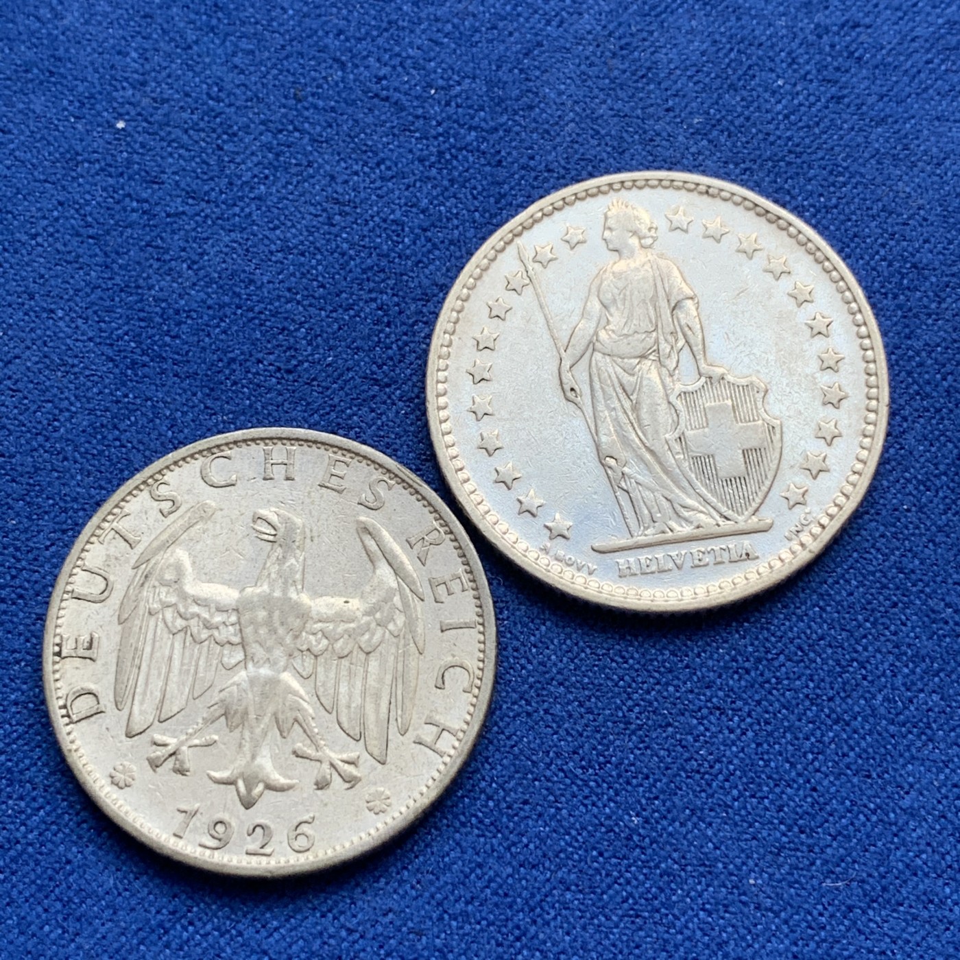 《竞宝斋》第179场-周日，周一2场 (全场包邮) 2枚银币一组瑞士1921年雪山女神2法郎+德国1926年2马克银币（鹰版少见）