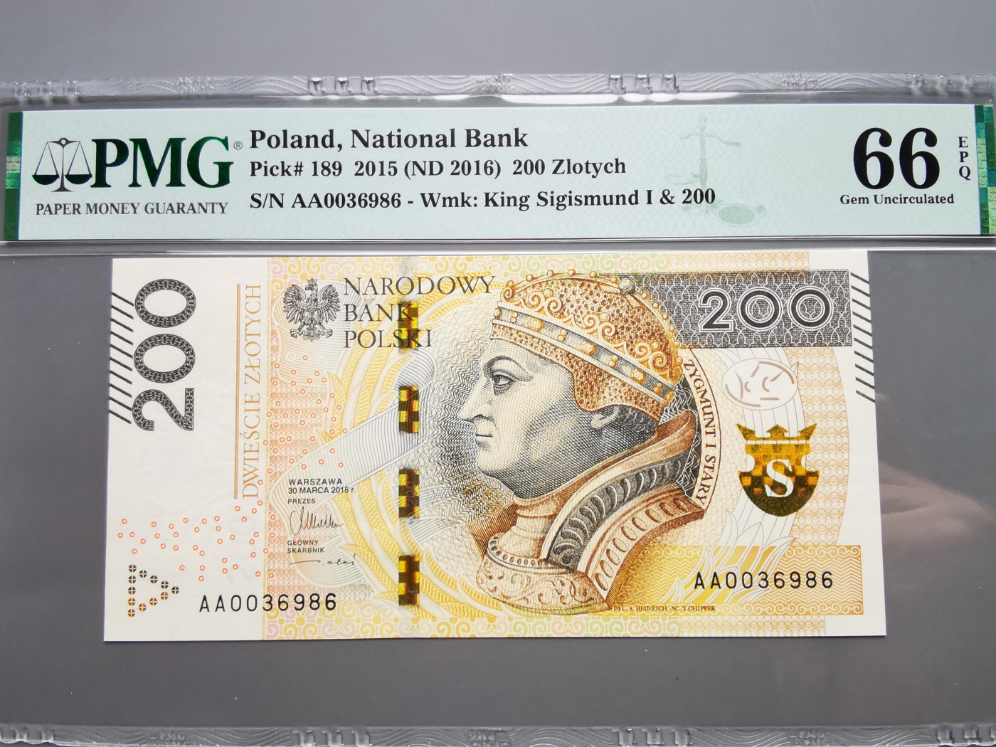 《崇甫堂》-PMG评级波兰纸钞VII PMG-66 首发AA冠《国王与纹章系列》200兹罗提 P#189