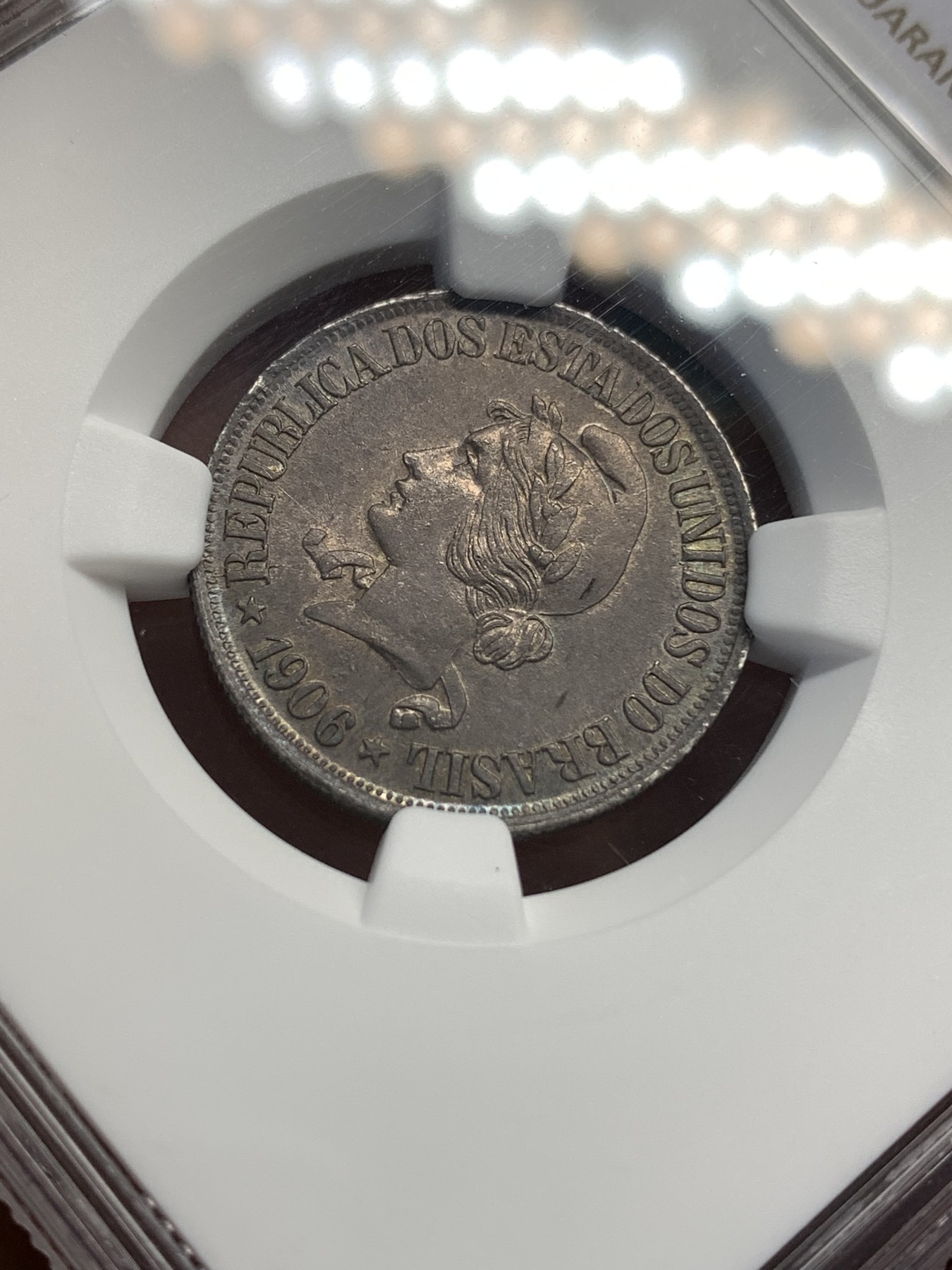 《竞宝斋》第179场-周日，周一2场 (全场包邮) NGC-MS62 巴西联邦 1906年 500R 银币 紫色包浆 少见品种