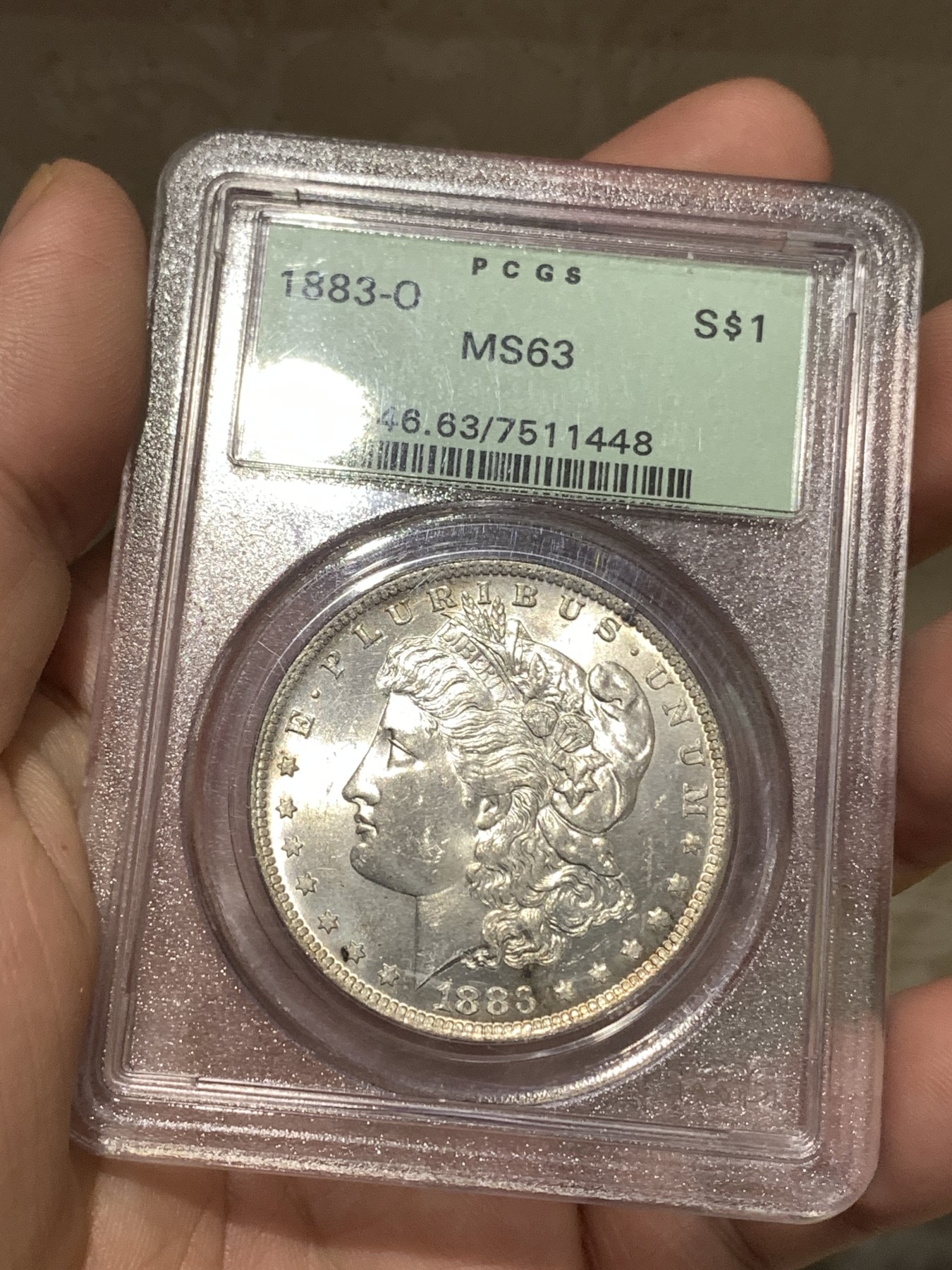 《竞宝斋》第179场-周日，周一2场 (全场包邮) PCGS MS63 美国1883年 摩根银元 绝版小绿标