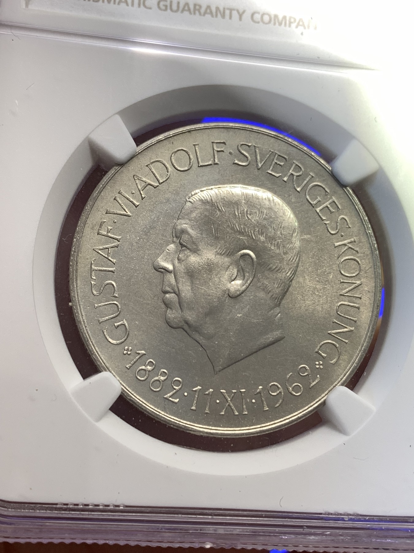 《竞宝斋》第179场-周日，周一2场 (全场包邮) NGC MS61 1962年瑞典国王古斯塔夫六世80岁生日5克朗银币