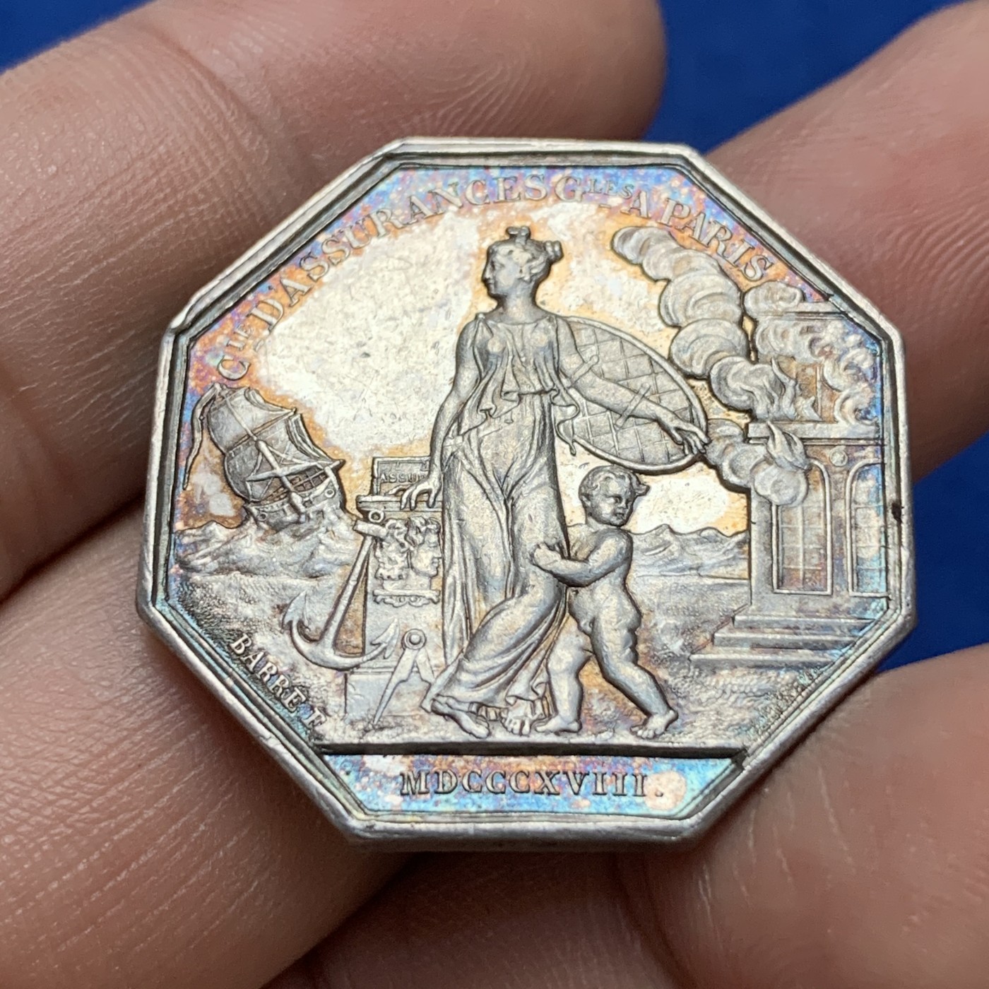 《竞宝斋》第179场-周日，周一2场 (全场包邮) 法国 路易十八火灾保险 JETON银质八角代币 13.8g 30.6mm