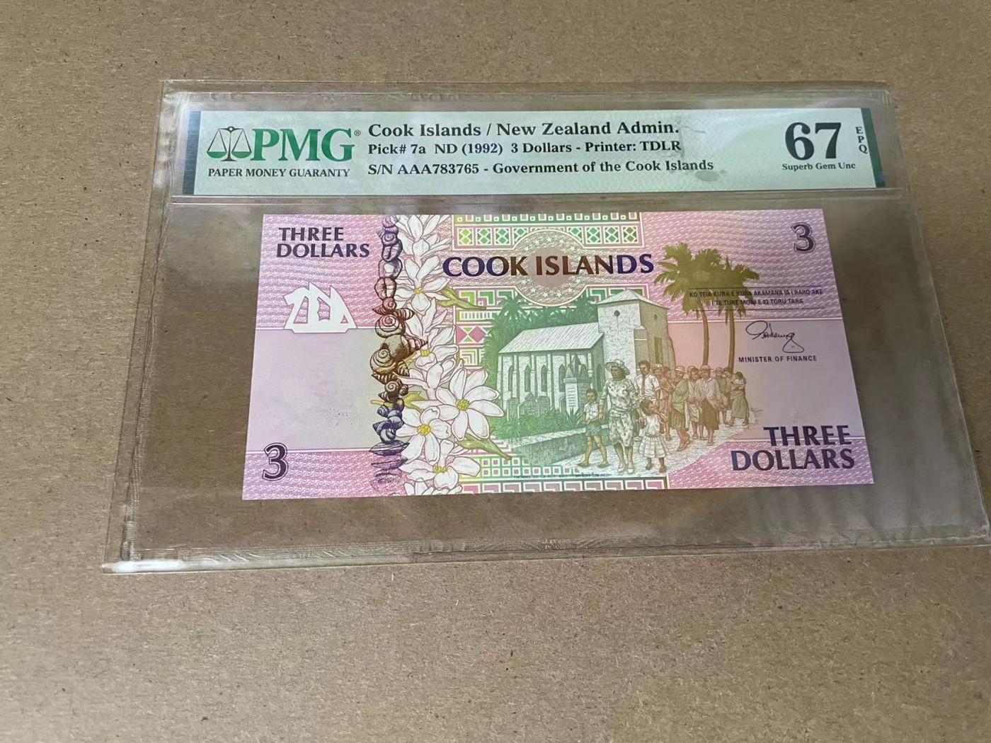 【Blue Auction】✨世界纸币精拍第341期——周日畅拍场 【AAA】库克群岛 1992年3元 PMG67EPQ 