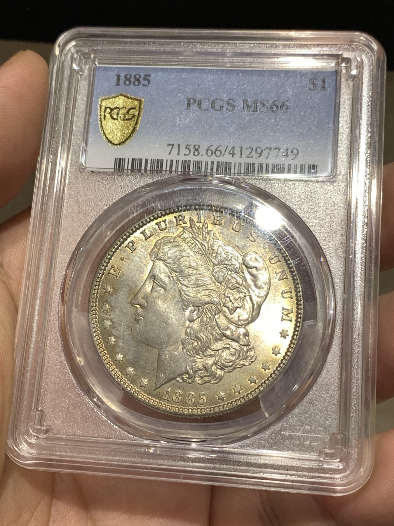 《竞宝斋》第179场-周日，周一2场 (全场包邮) PCGS MS66 美国 1885年 五彩 摩根银元 双面包浆美丽 高分状态 细节不言而喻