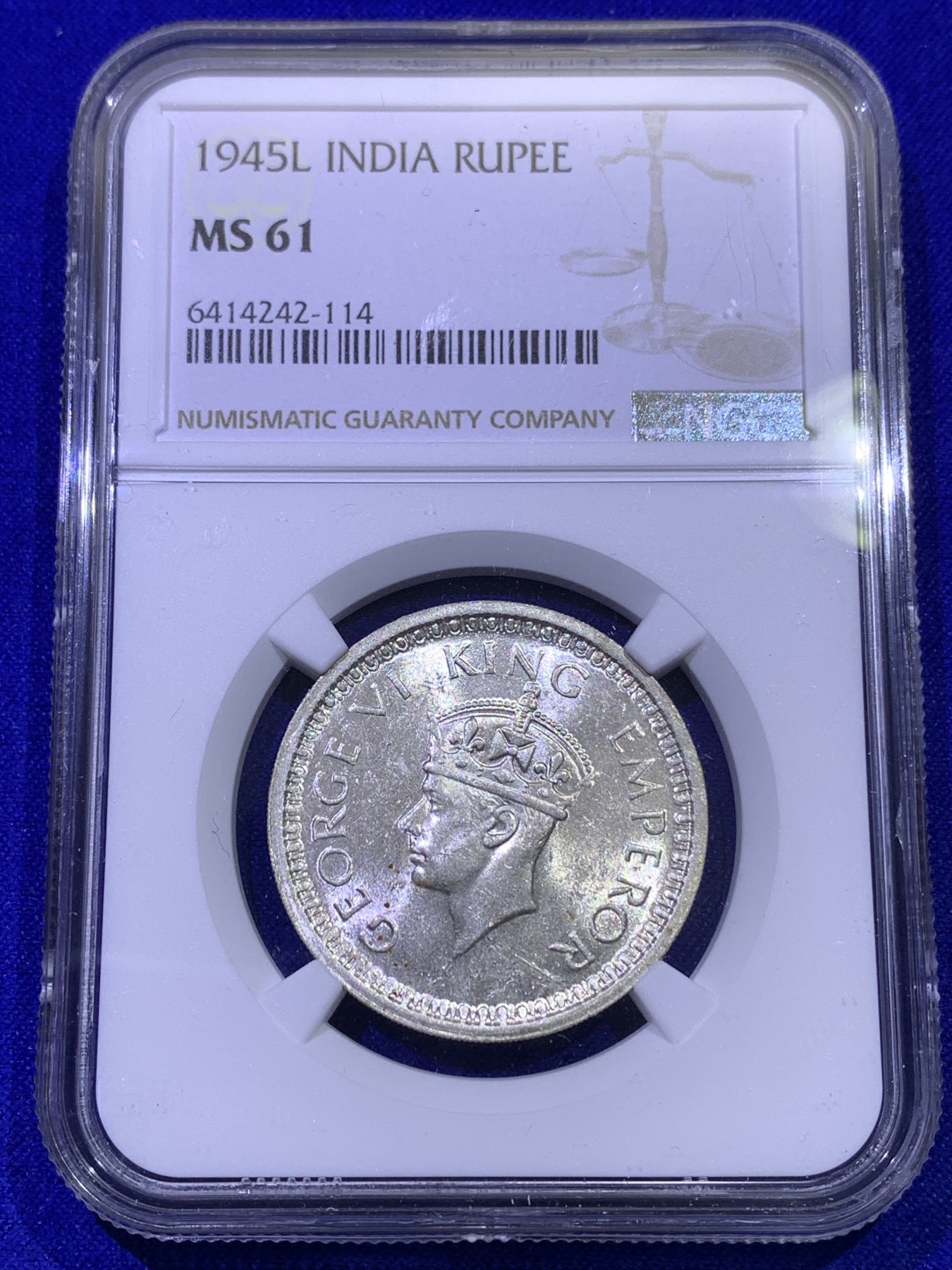 《竞宝斋》第179场-周日，周一2场 (全场包邮) NGC MS61 英属印度 1945L 乔六1卢比 银币