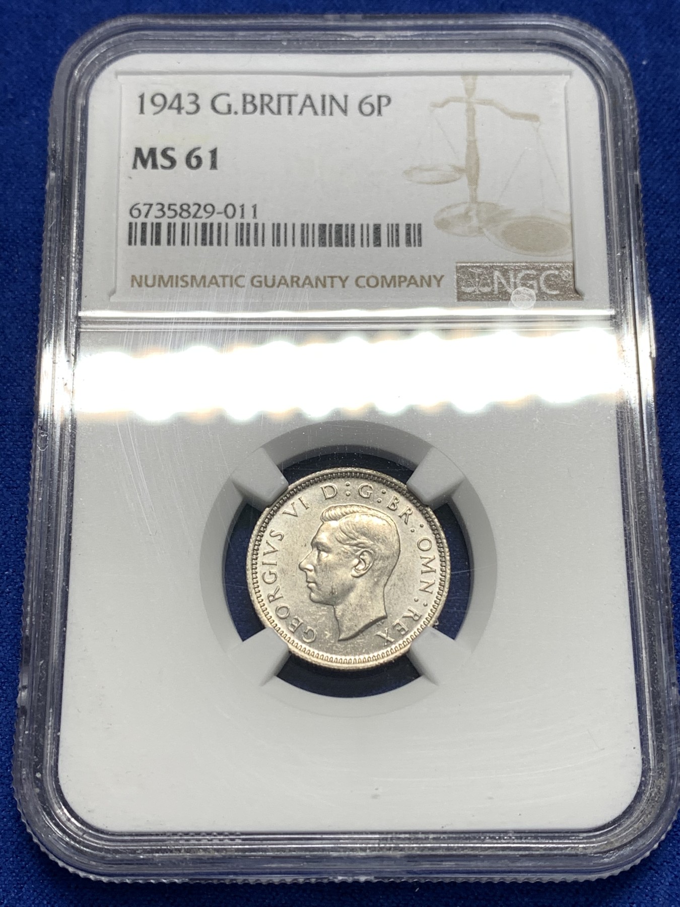 《竞宝斋》第179场-周日，周一2场 (全场包邮) NGC-MS61 英国1943年 乔六6便士银币 原光好品