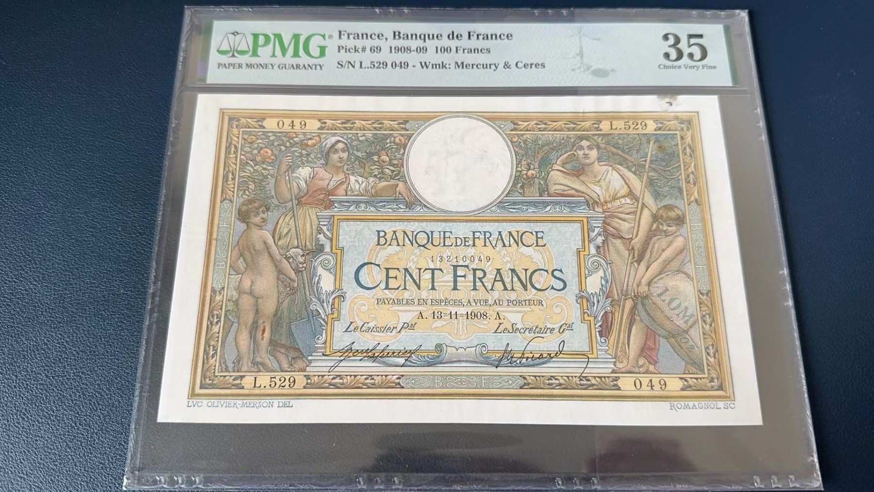 收藏联盟Quantum Auction 第272期拍卖 世界人口日专场 法国1908-09年100法郎 PMG35 稀少