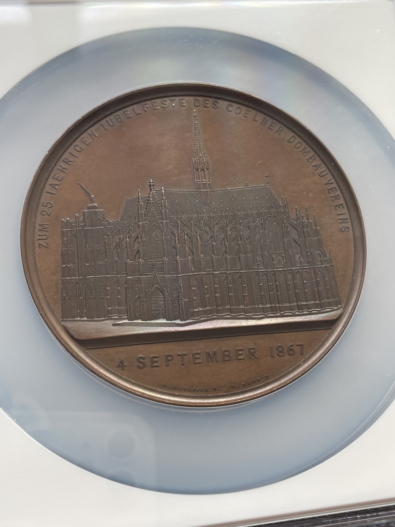 章牌专场-第26期 Kullrich～1867年德国普鲁士王国科隆大教堂重新开工25周年纪念大铜章 直径：70 mm