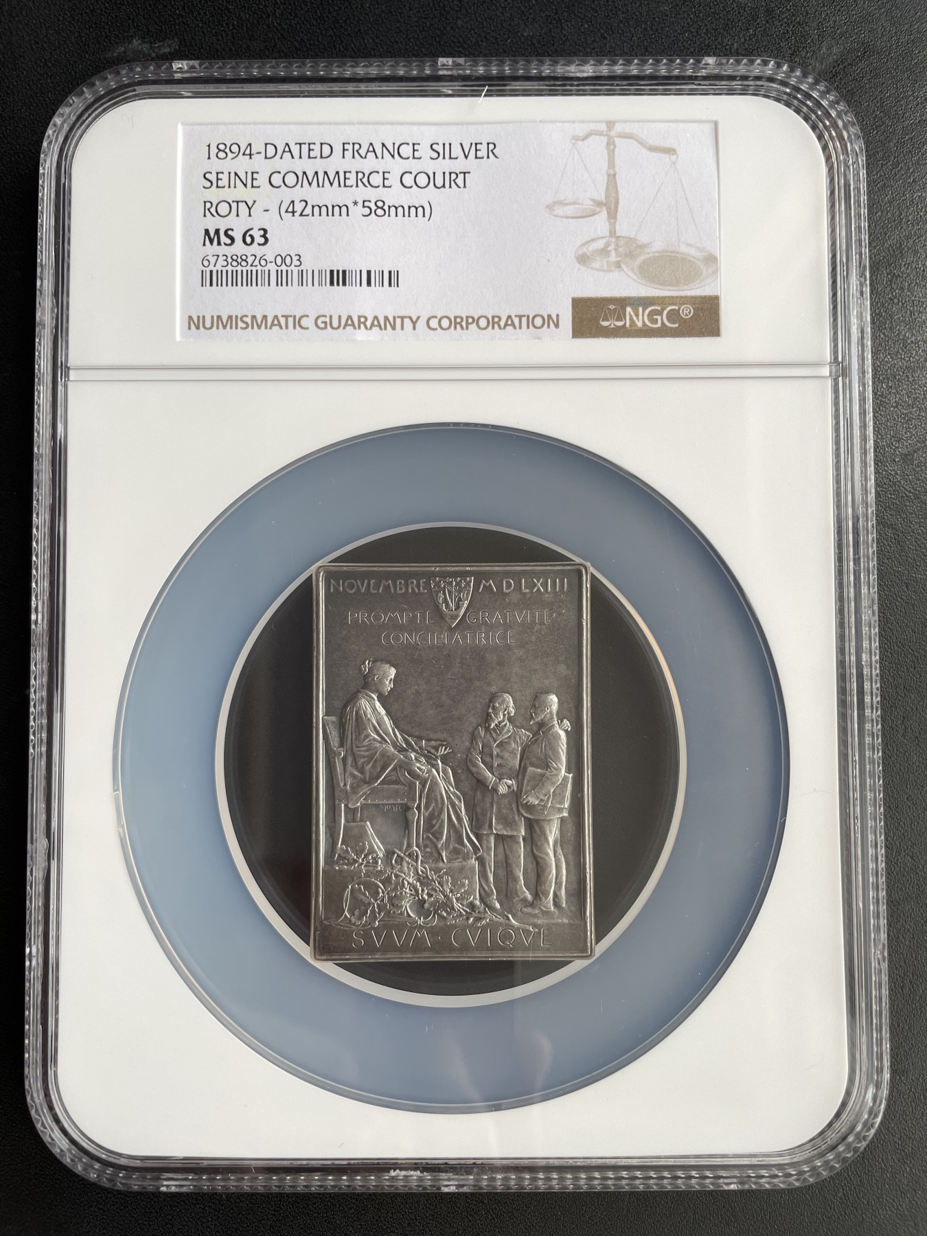 章牌专场-第26期 O.Roty～1894年法国巴黎商业法庭银章 尺寸：58 × 42 mm