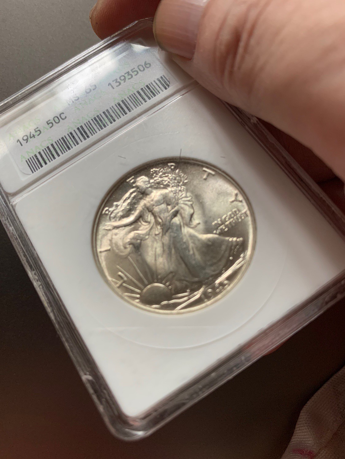 1945年美国行走女神半美元银币绝版经典小白盒ANACS-MS65