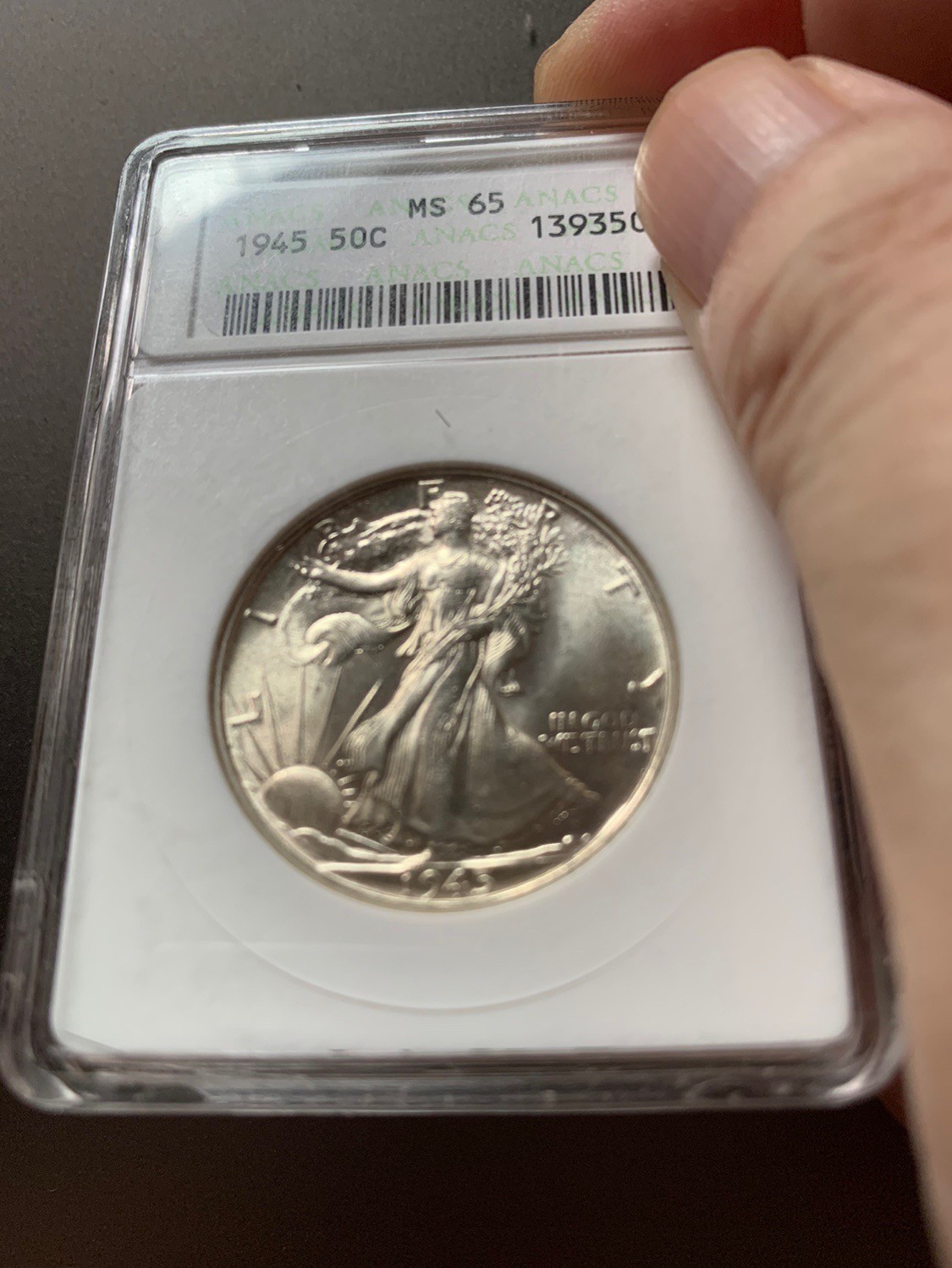 1945年美国行走女神半美元银币绝版经典小白盒ANACS-MS65