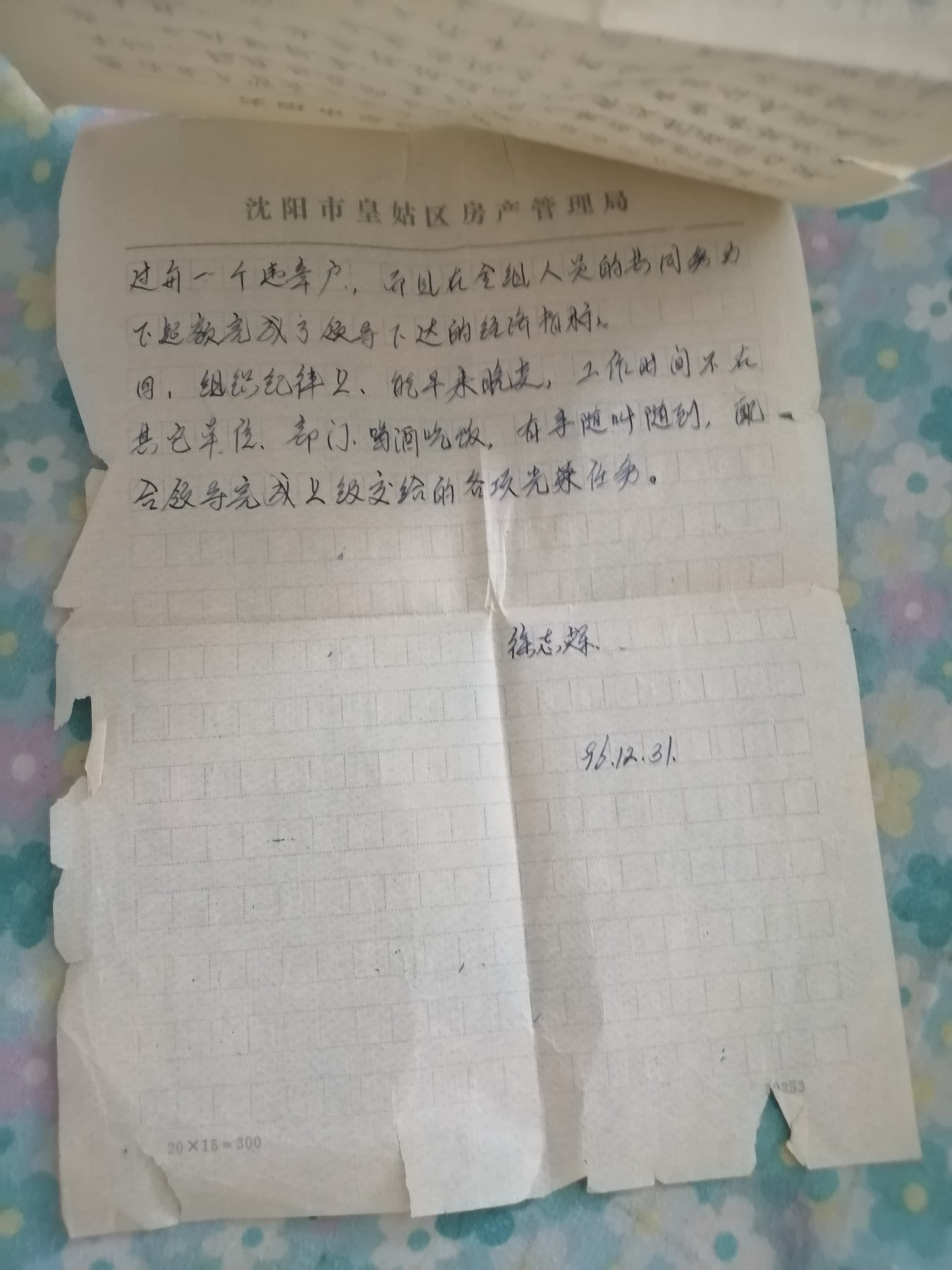 年终工作总结（96年），16开3张，有裂口，折痕。 