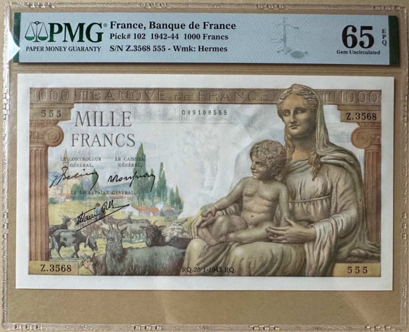 收藏联盟Quantum Auction 第272期拍卖 世界人口日专场 法国1942-43年1000法郎 PMG65 豹子号555 全程无47