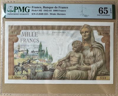 收藏联盟Quantum Auction 第272期拍卖 世界人口日专场 - 法国1942-43年1000法郎 PMG65 豹子号555 全程无47