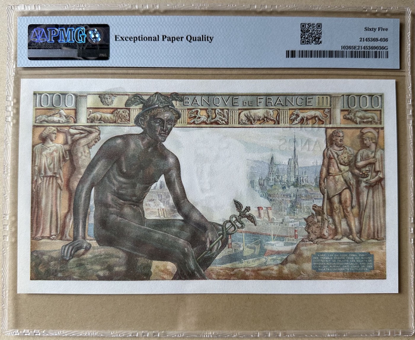 收藏联盟Quantum Auction 第272期拍卖 世界人口日专场 法国1942-43年1000法郎 PMG65 豹子号555 全程无47