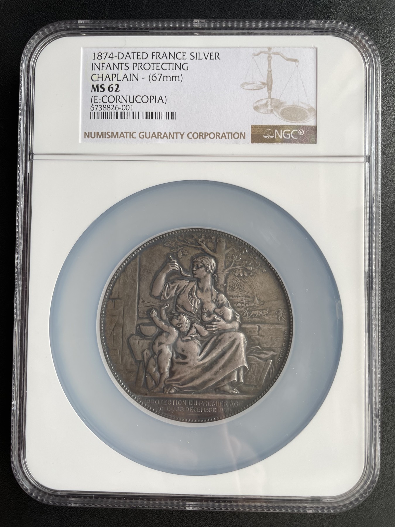 章牌专场-第26期 Chaplain～1885年法国初生儿童保护法大银章  直径:68 mm