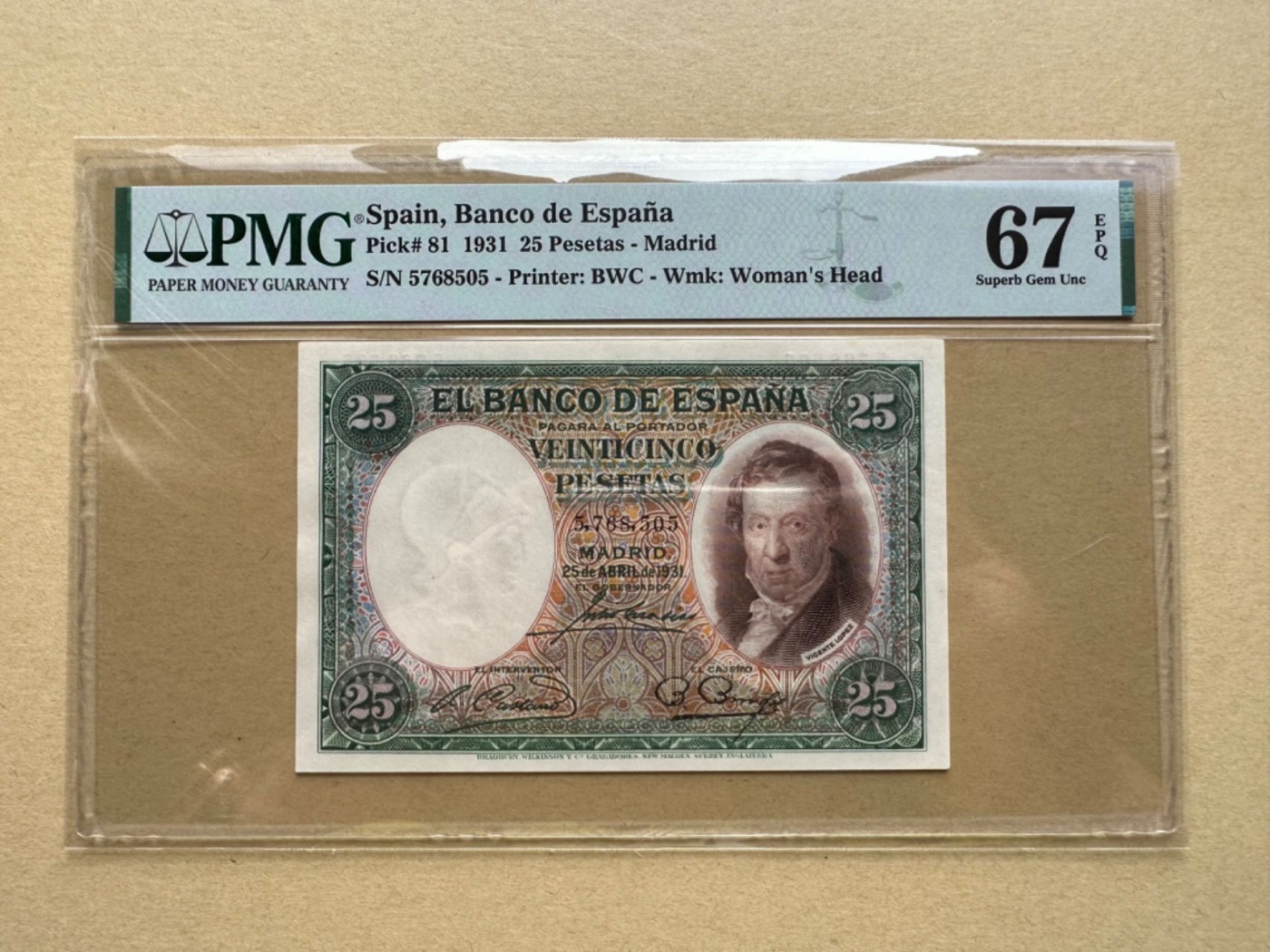 收藏联盟Quantum Auction 第272期拍卖 世界人口日专场 西班牙1931年25比塞塔 PMG67 号码无4 小天使